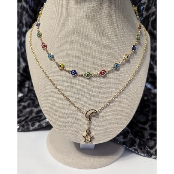 Nordstrom Layered Glass Bead Necklace Star Moon Pendant Gold Toned Chain - Picture 4 of 7